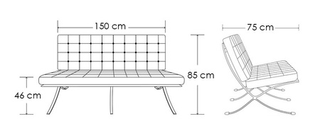 Sofa dwuosobowa BARCELON czarna - włoska skóra naturalna, stal