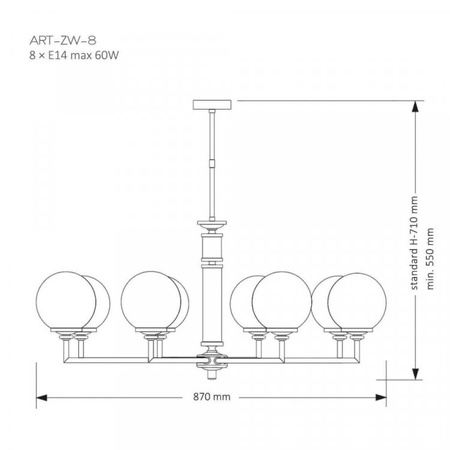 KUTEK MOOD ARTU GLASS ZW-8 ŻYRANDOL MOSIĘŻNY PATYNOWANY ZE SZKLANYMI ELEMENTAMI KLOSZE SZKLANE OPAL MAT O ŚREDNICY 140 mm